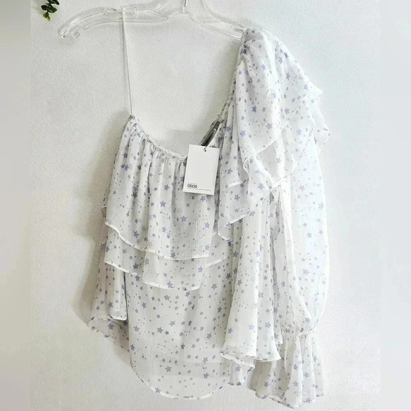 Asos frilled off shoulder puffy sleeve white & Blue Stars Beachy Boho blo… - Picture 2 of 9